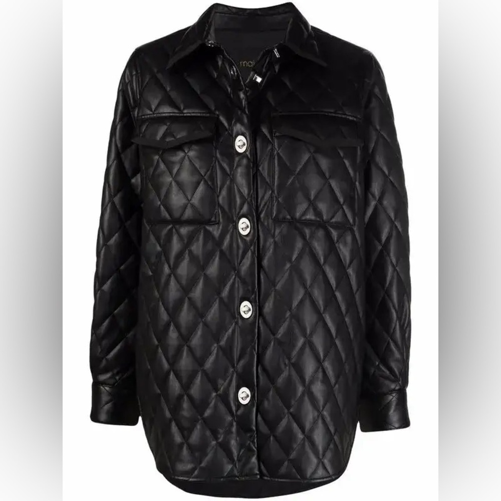 Maje Black Quilted Vegan Leather Utility Shirt Jacket